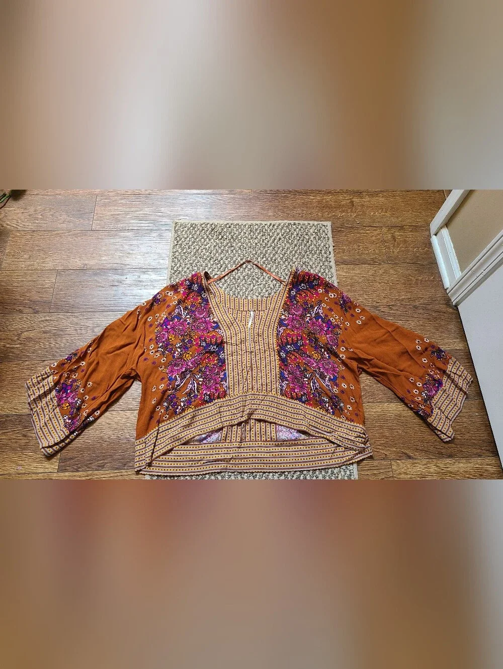 Free People Mix and Match Boho Floral V-Neck Long Sleeve Top Med